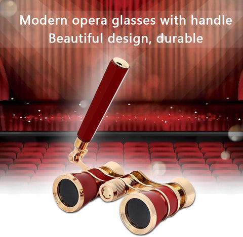 Opera Theater Glasses 3x25 Brass Coated Lens Binocular Telescope in Red with Handle