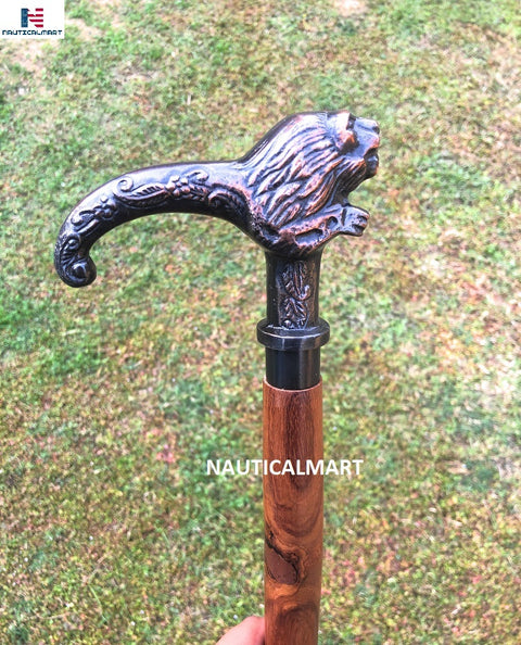 Nauticalmart Brass Lion Head Handle Wooden Walking Stick Cane