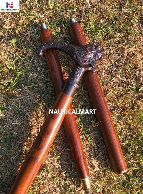 Nauticalmart Brass Lion Head Handle Wooden Walking Stick Cane