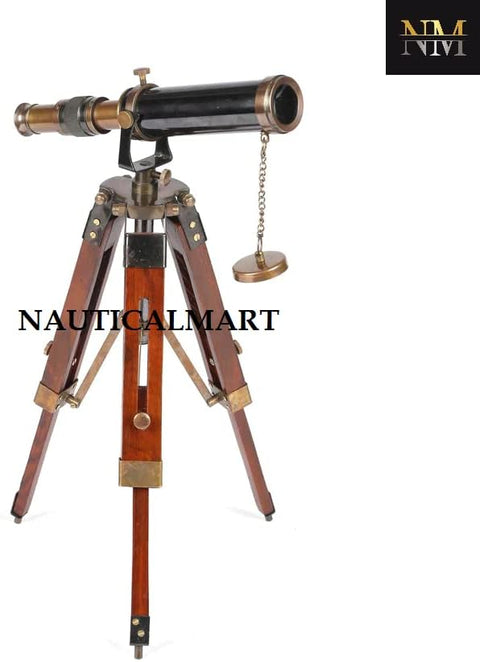 18" Brown Brass & Wood Antique Telescope with Tripod Stand