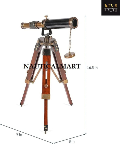 18" Brown Brass & Wood Antique Telescope with Tripod Stand